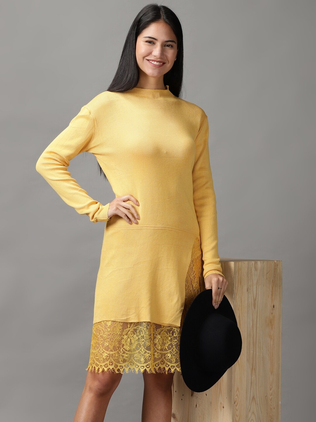 

SHOWOFF Women Yellow Solid Acrylic A-Line Dress