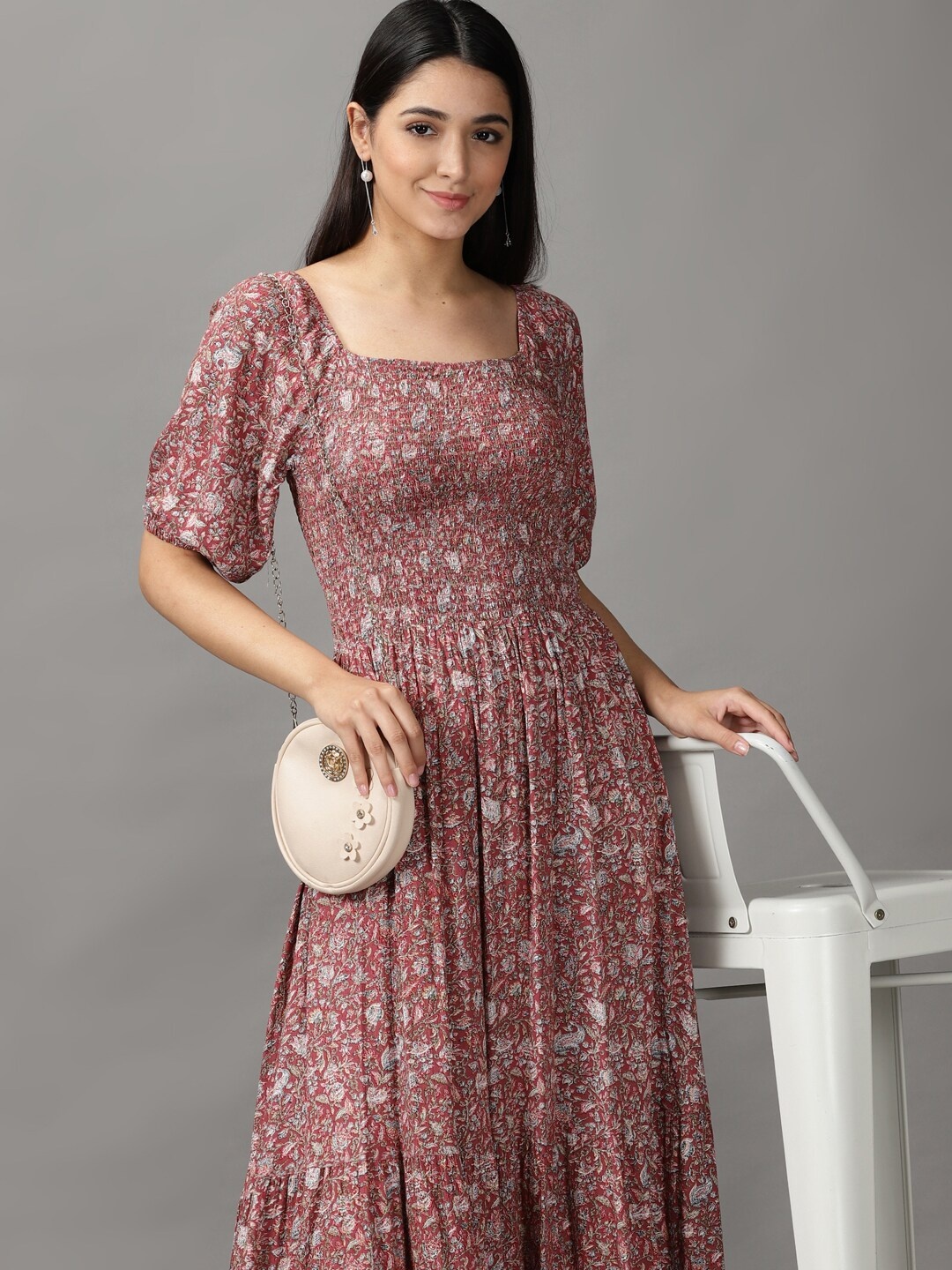 

SHOWOFF Women Mauve & Grey Floral Midi Dress