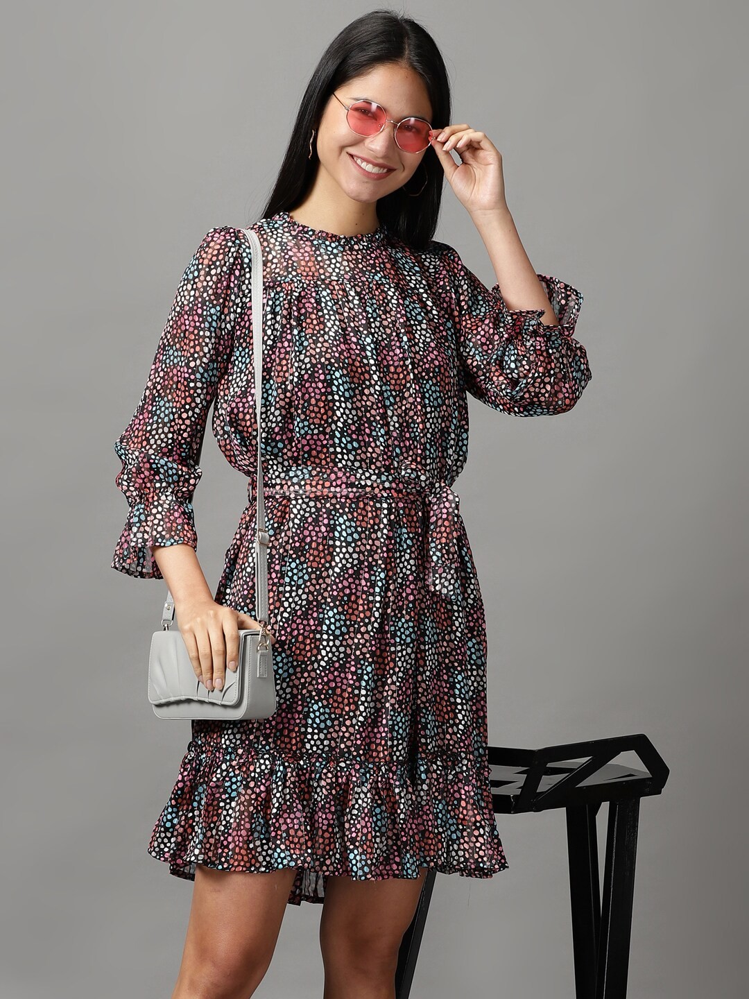 

SHOWOFF Geometric Printed Fit and Flare Dress, Black