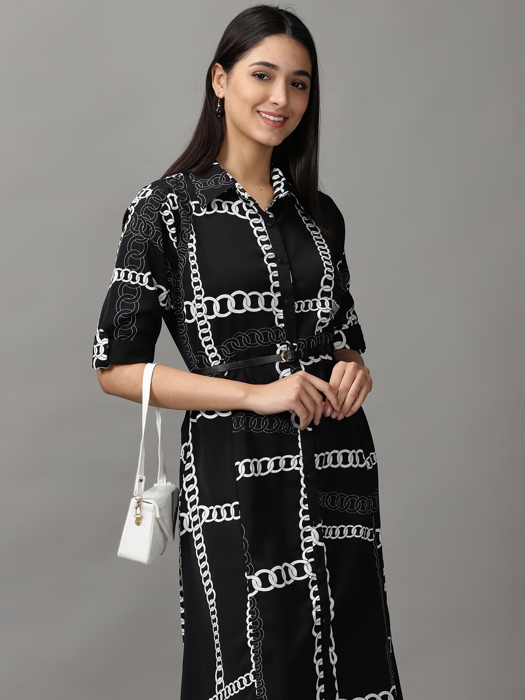 

SHOWOFF Women Black & White Shirt Collar Midi Dress