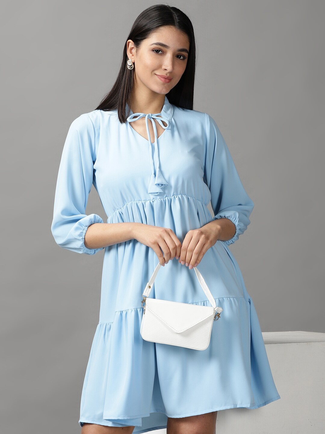 

SHOWOFF Women Blue Tie-Up Neck Layered Dress