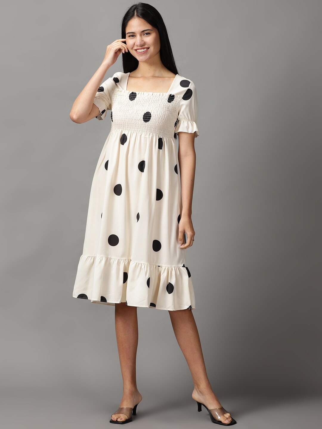 

SHOWOFF Polka Dots Printed Midi Dress, Cream