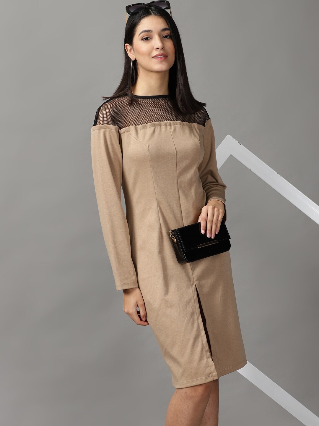 

SHOWOFF Long Sleeves Round Neck Sheath Dress, Beige