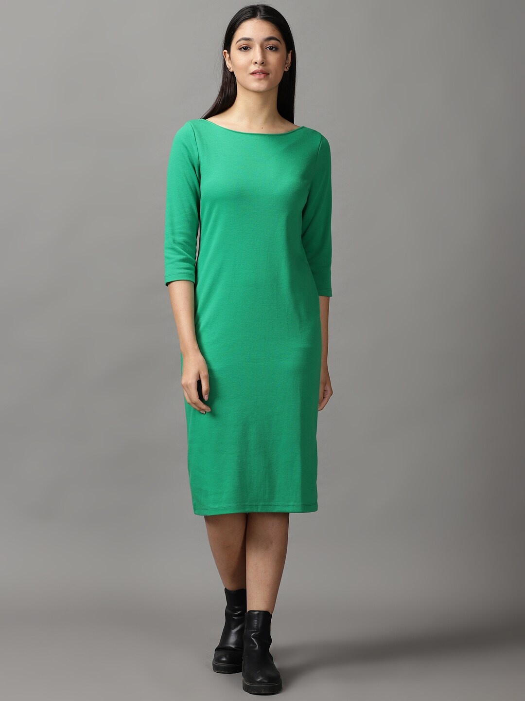 

SHOWOFF Green Sheath Cotton Midi Dress