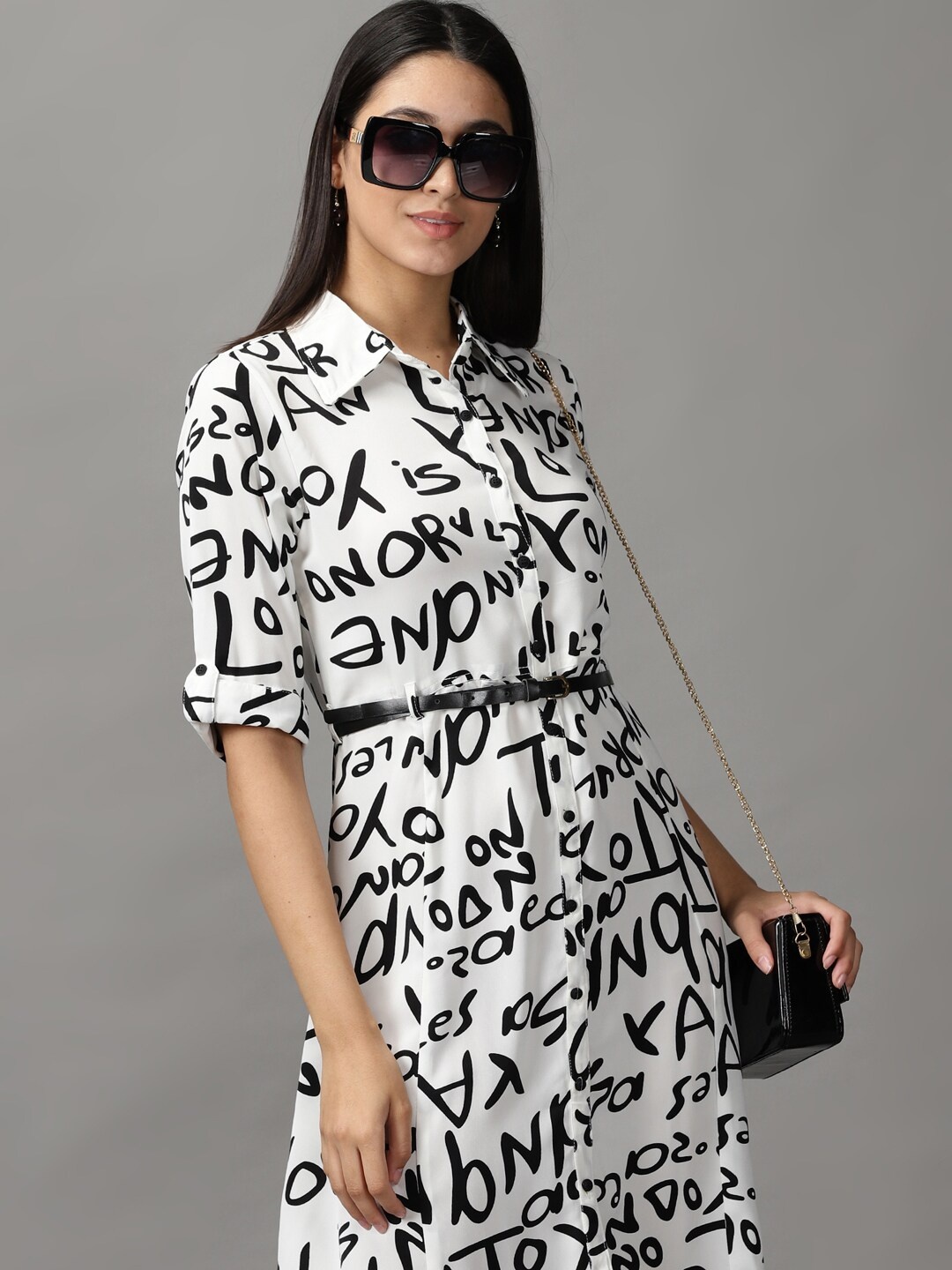 

SHOWOFF Women White & Black Shirt Collar Midi Dress