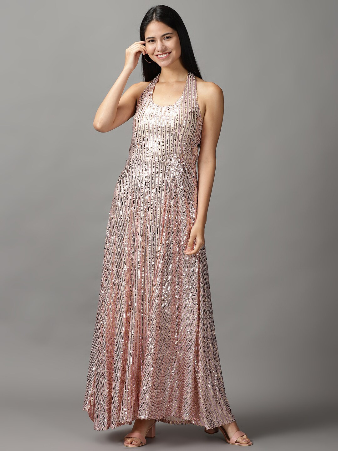 

SHOWOFF Women Rose Gold Embellished A-Line Midi Dress