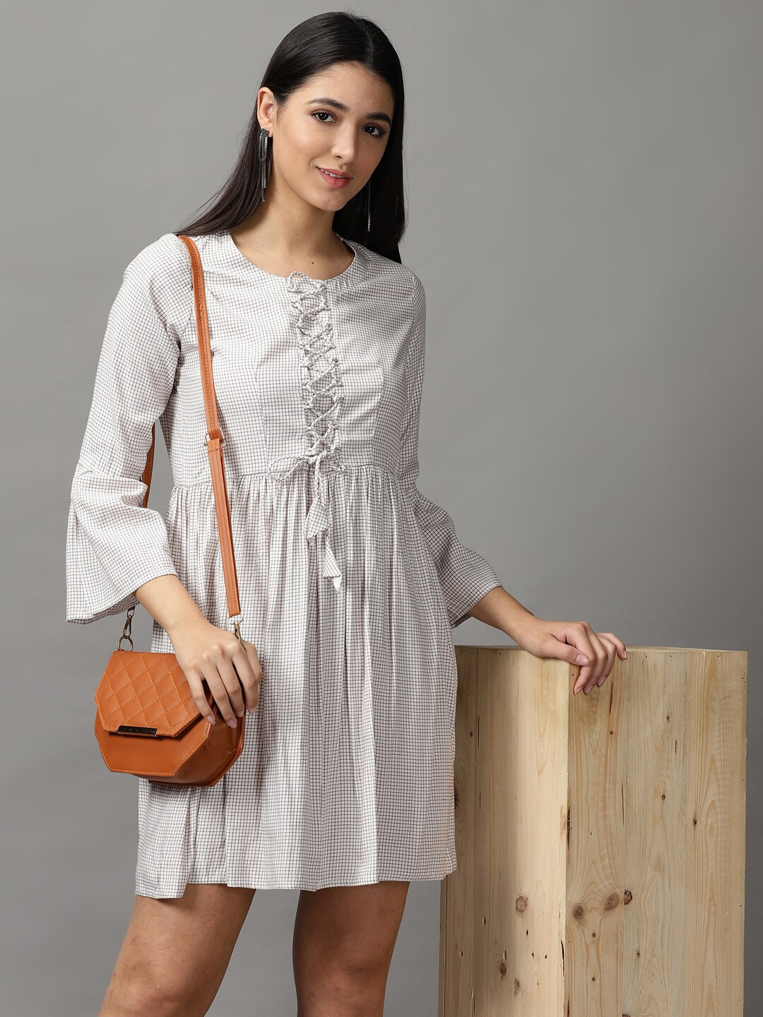 

SHOWOFF Striped Fit and Flare Round Neck Dress, Off white