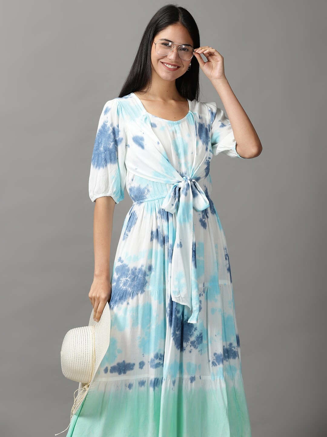 

SHOWOFF Women White & Blue Floral Maxi Maxi Dress