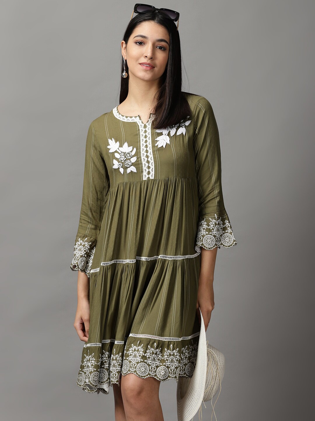 

SHOWOFF Women Olive Green Floral Embroidered Layered A-Line Dress