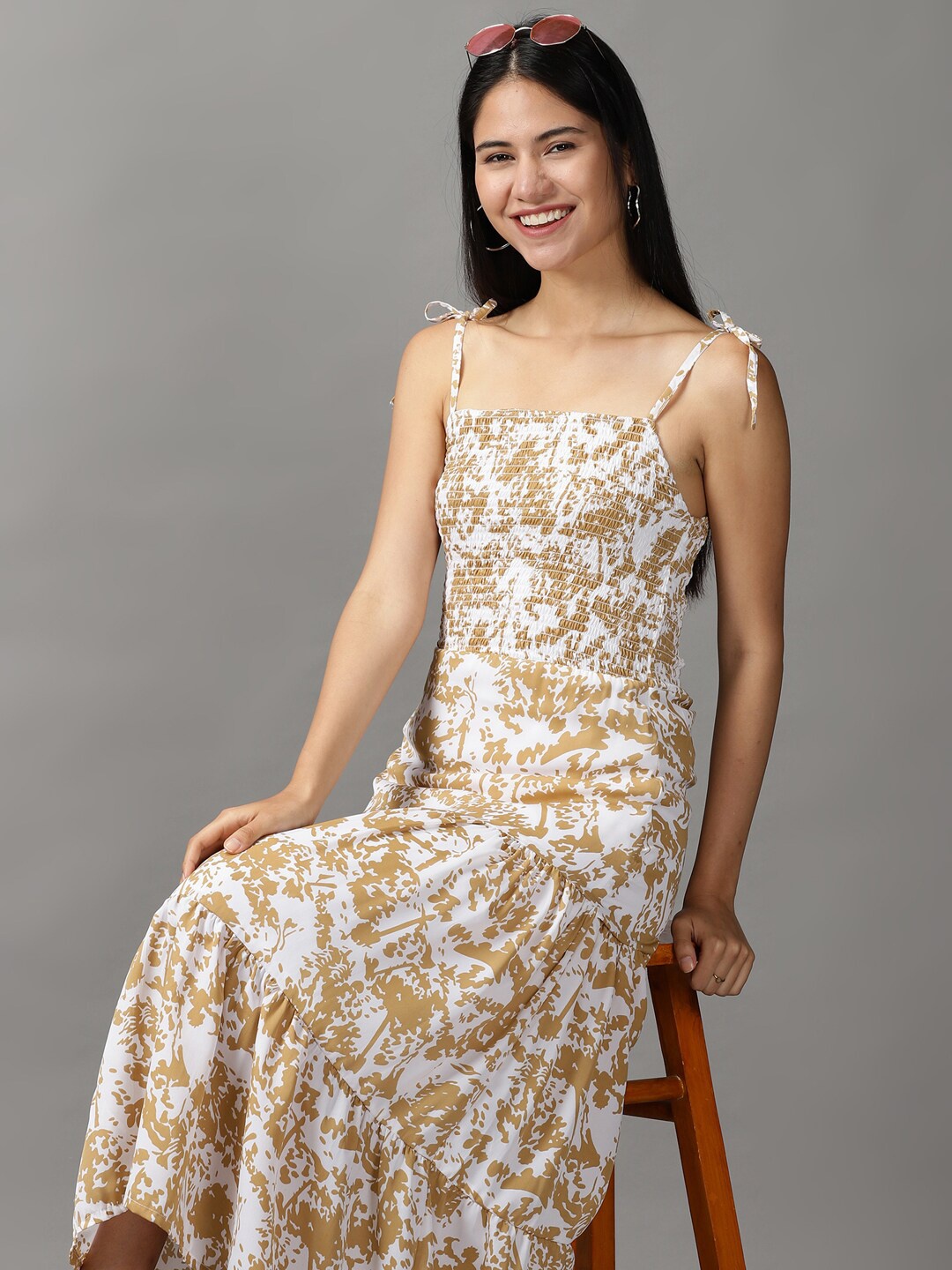 

SHOWOFF Women White & Brown Midi Abstract Dress