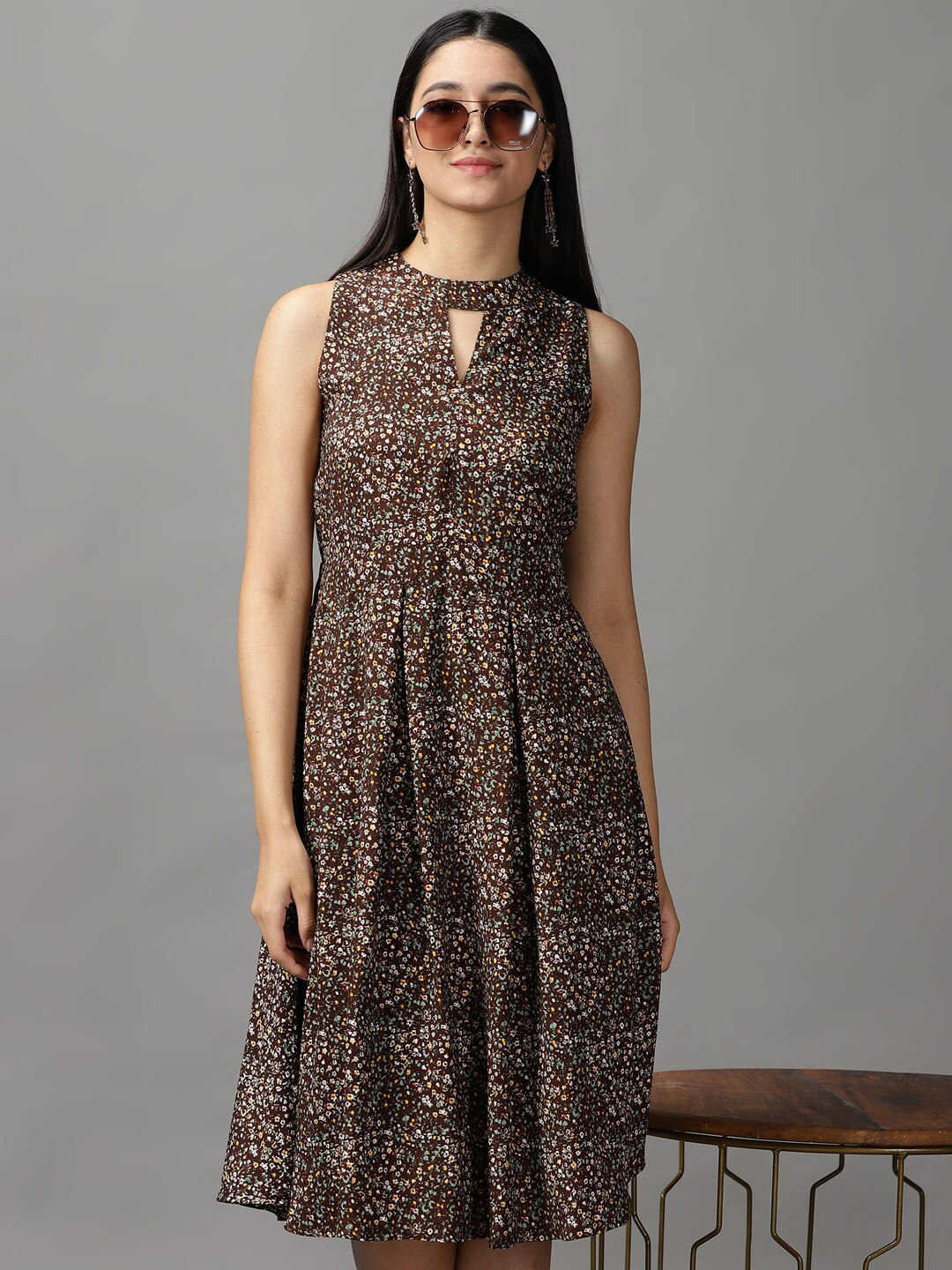 

SHOWOFF Women Coffee Brown & Yellow Floral Keyhole Neck Georgette Dress