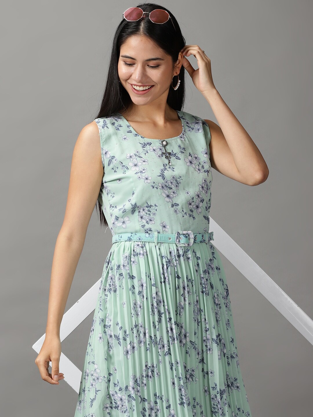 

SHOWOFF Women Sea Green & Navy Blue Floral Maxi Dress