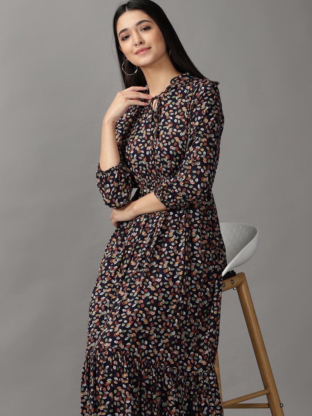 

SHOWOFF Women Navy Blue Floral Tie-Up Neck A-Line Midi Dress