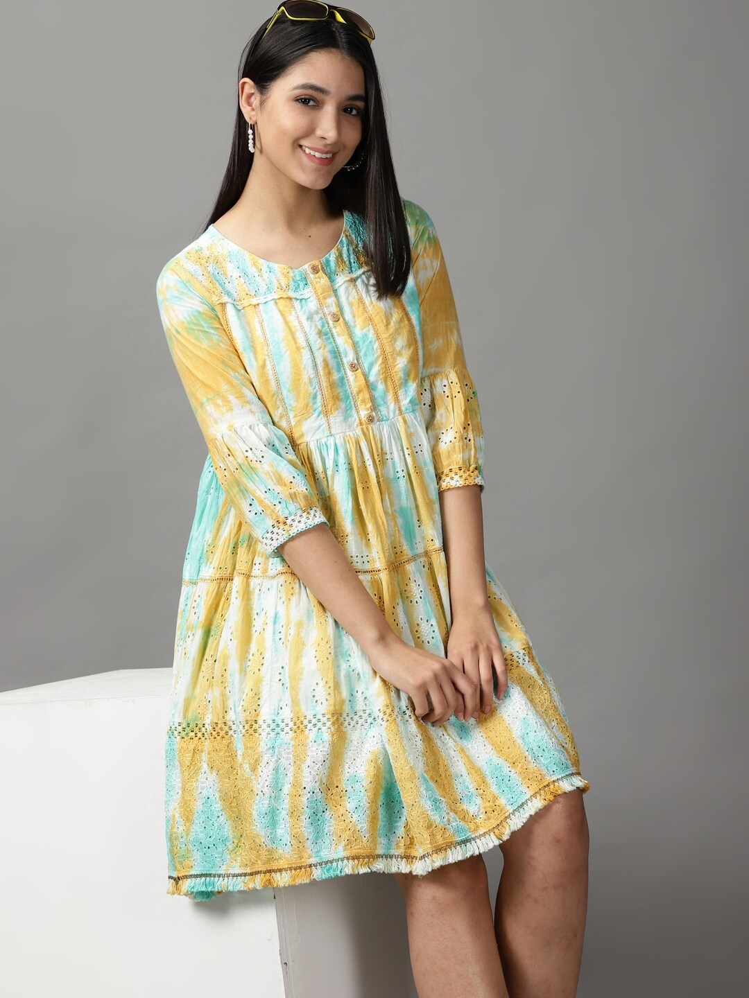 

SHOWOFF Women Sea Green & Yellow Tie and Dye Dyed A-Line Dress
