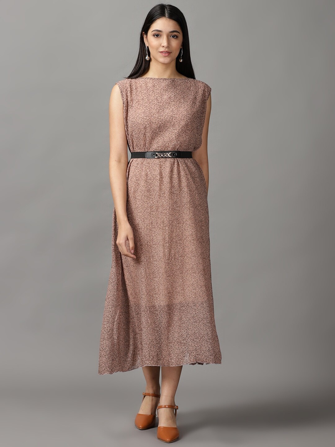 

SHOWOFF Women Taupe Abstract Printed Midi Dress