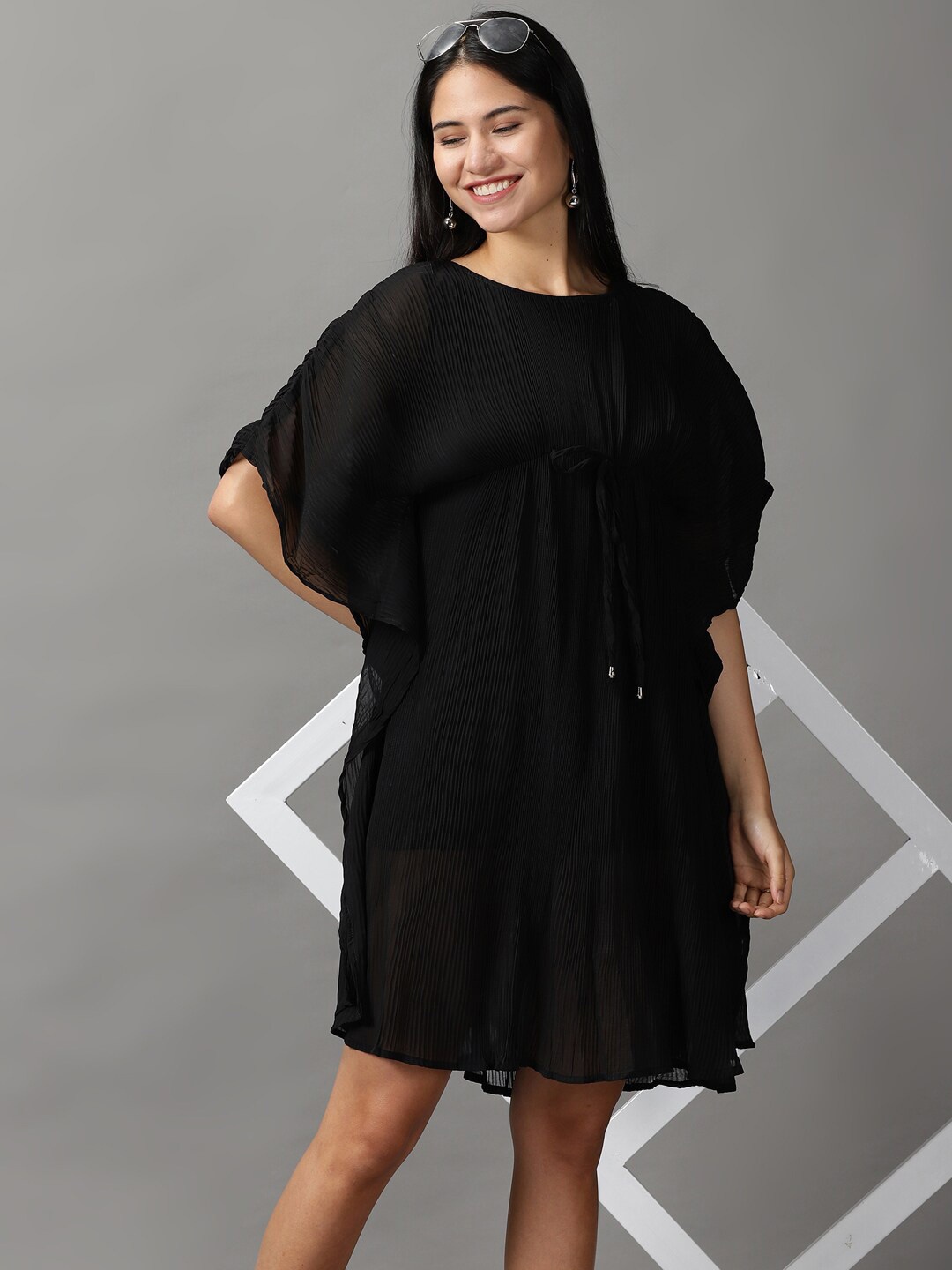 

SHOWOFF Kaftan Short Sleeves Round Neck Dress, Black