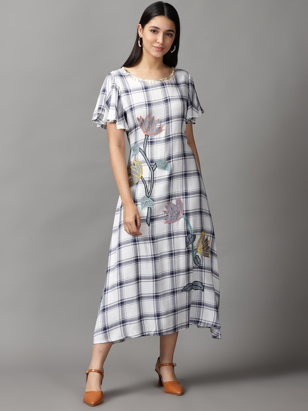 

SHOWOFF Women White & Grey Checked Cotton A-Line Dress
