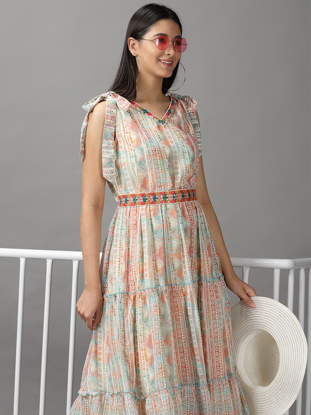 

SHOWOFF Women Cream-Coloured Layered Chiffon A-Line Midi Dress