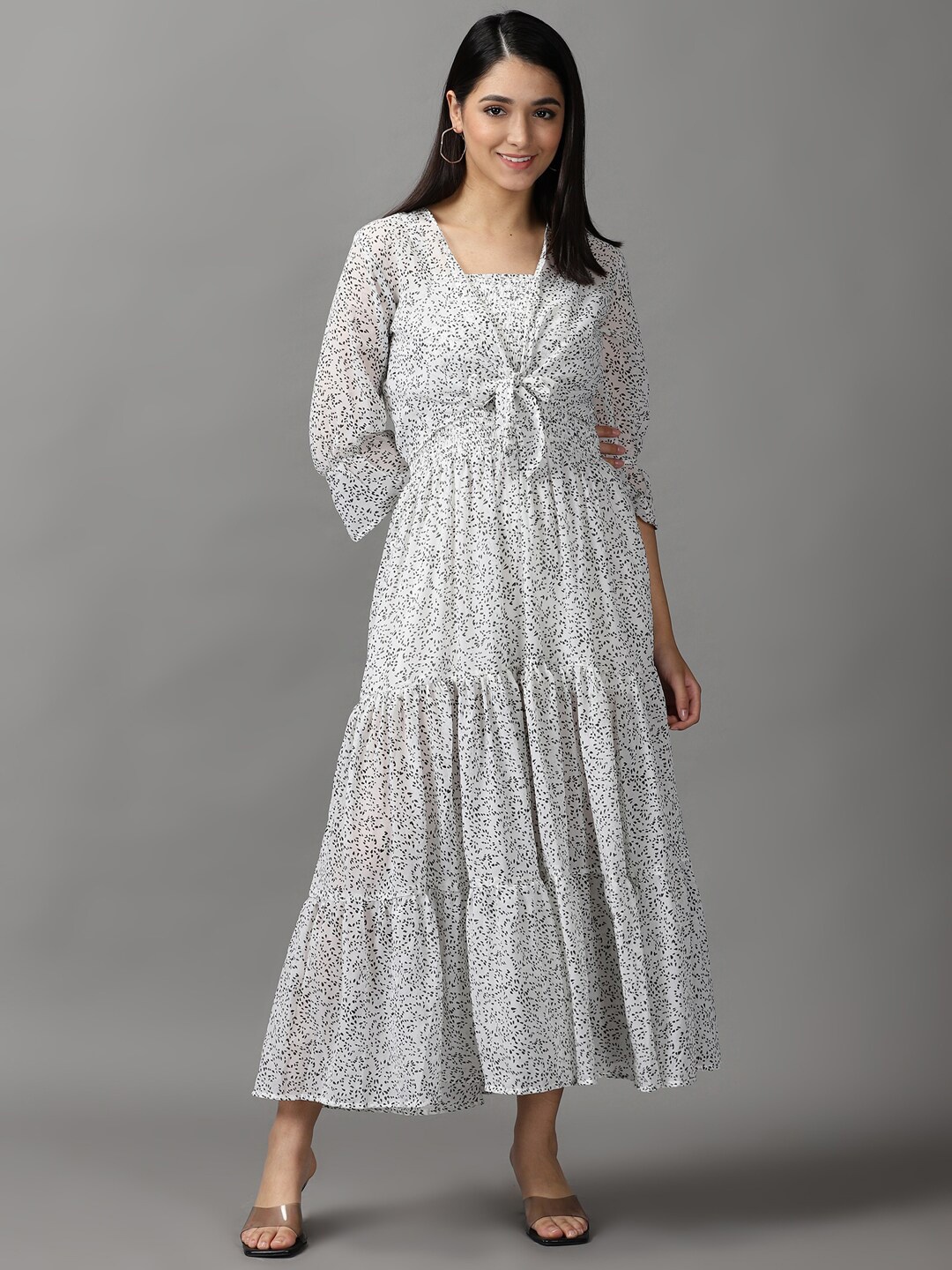 

SHOWOFF Abstract Printed Bell Sleeves Fit and Flare Midi Dress, White