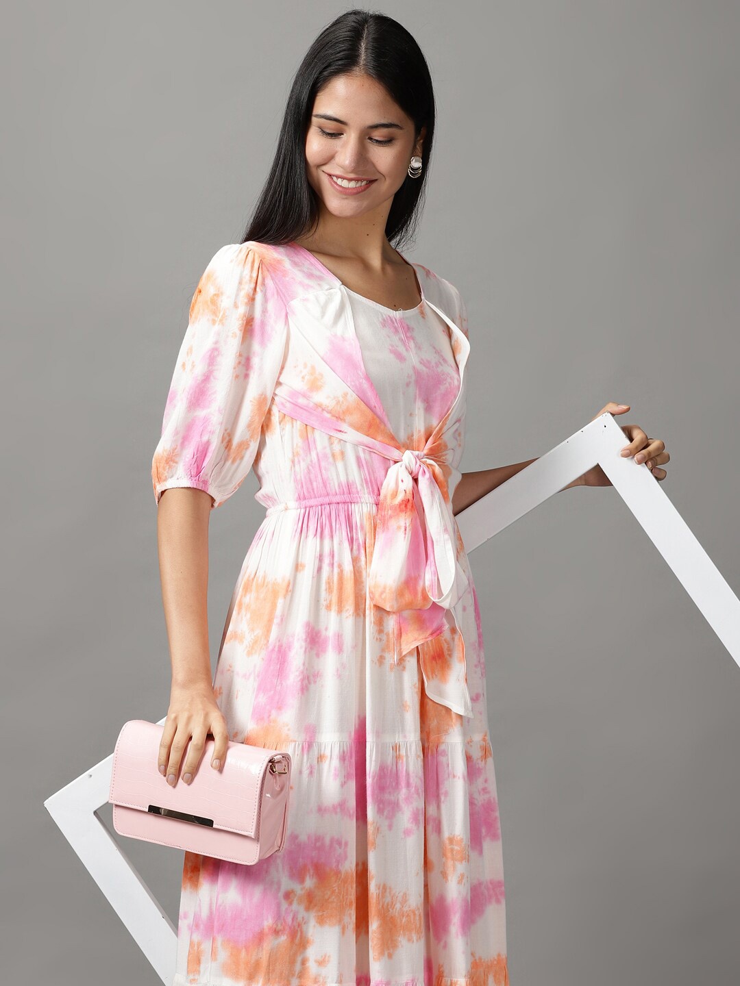 

SHOWOFF Women White & Pink Tie and Dye Cotton Maxi Dress