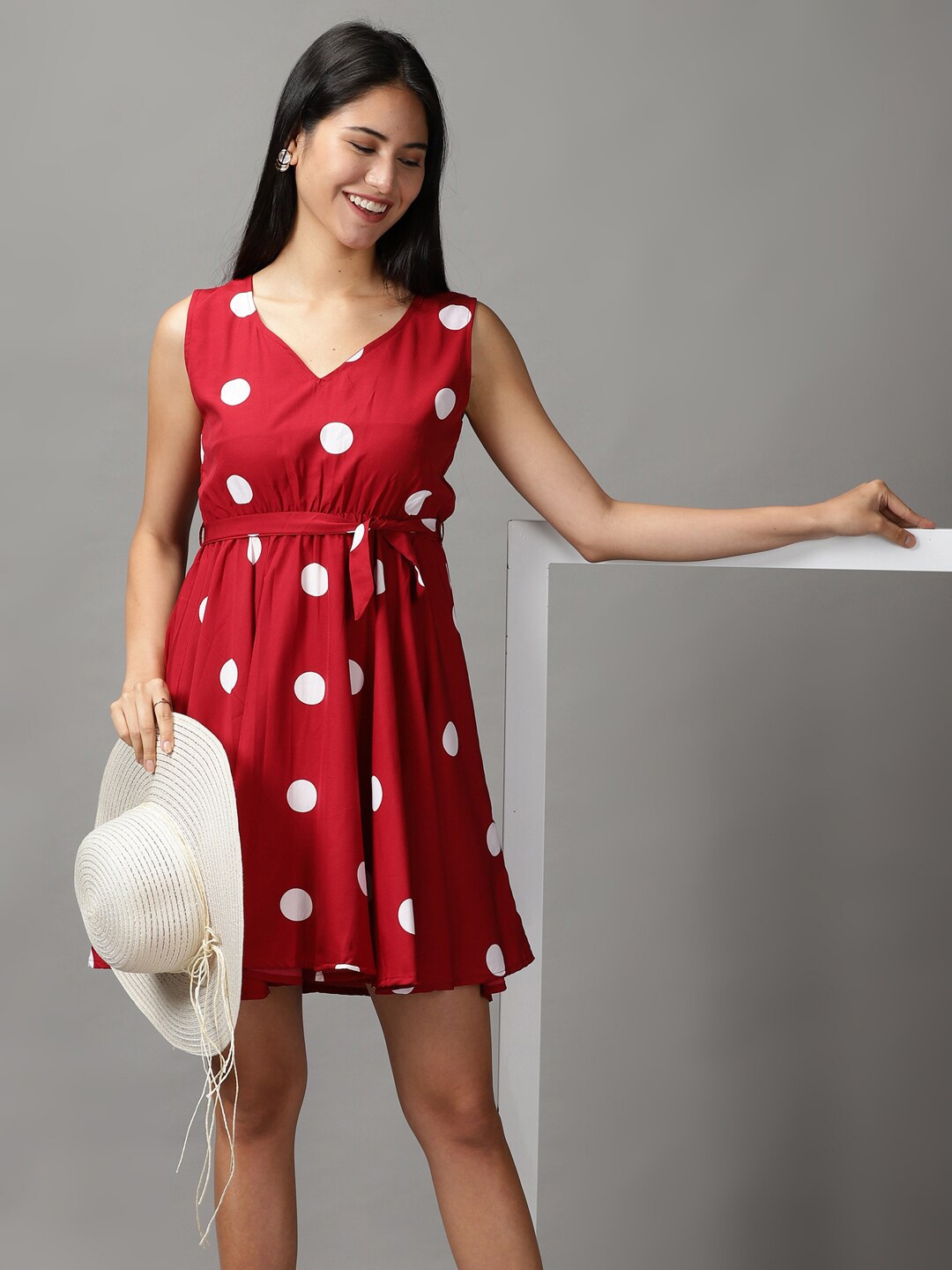 

SHOWOFF Women Maroon & White Polka Dots Chiffon Dress