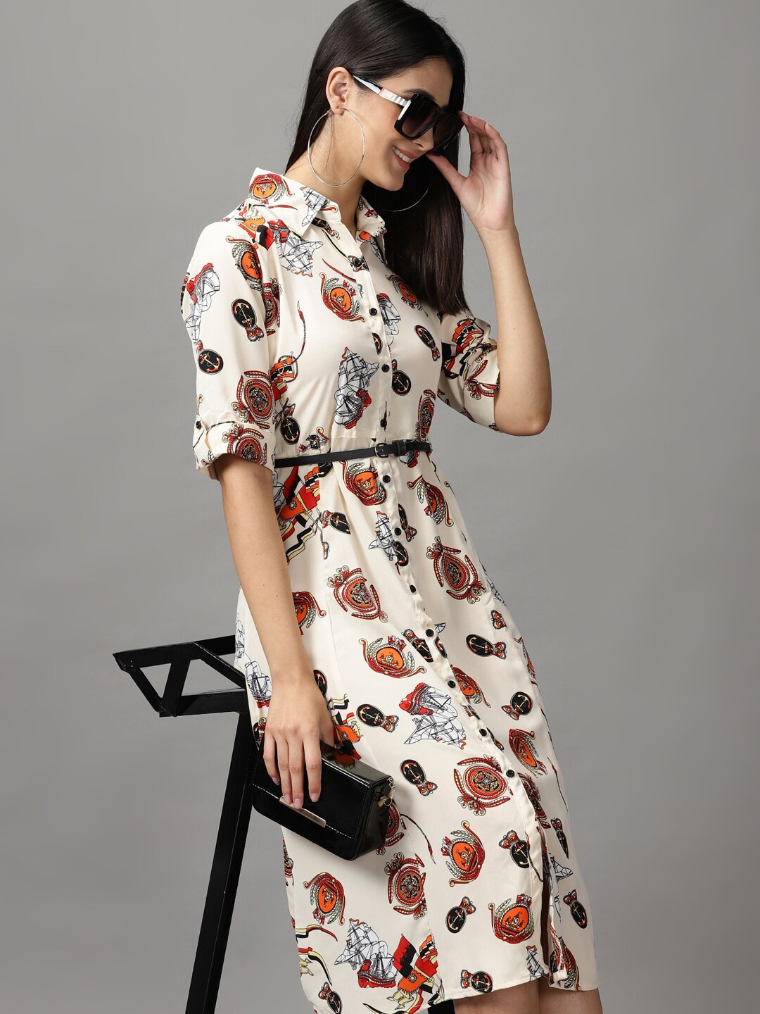 

SHOWOFF Conversational Printed Shirt Dress, Cream