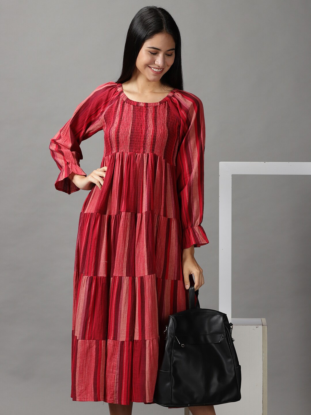 

SHOWOFF Women Maroon & Brown Striped A-Line Cotton Midi Dress