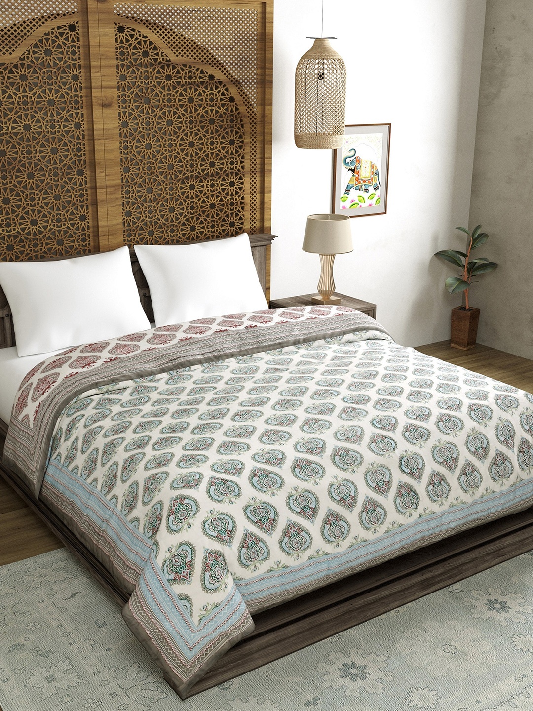 

BLOCKS OF INDIA Grey & Maroon Ethnic Motifs Mild Winter 350 GSM King Size Quilt
