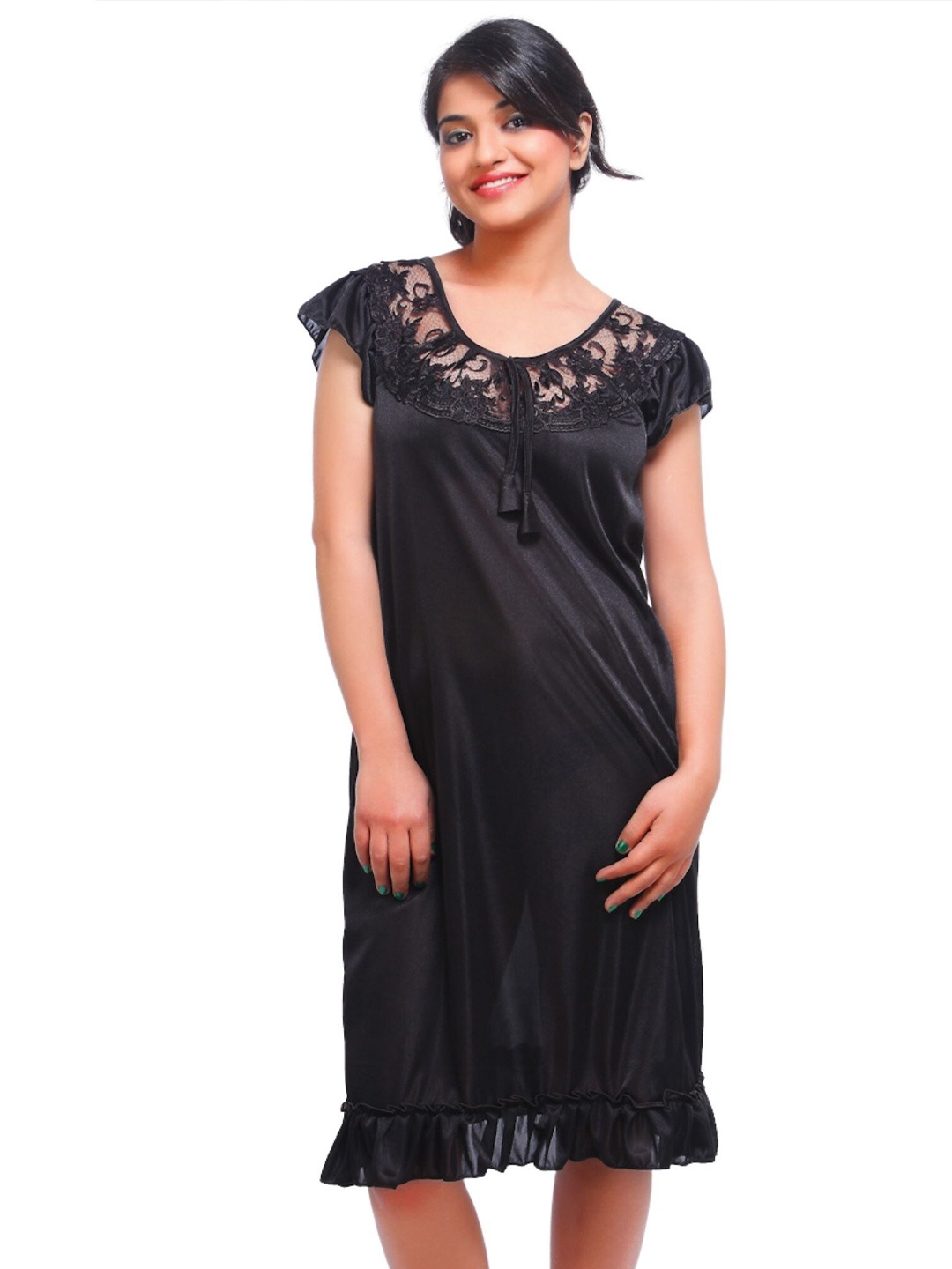 

Fasense Black Solid Knee Length Nightdress