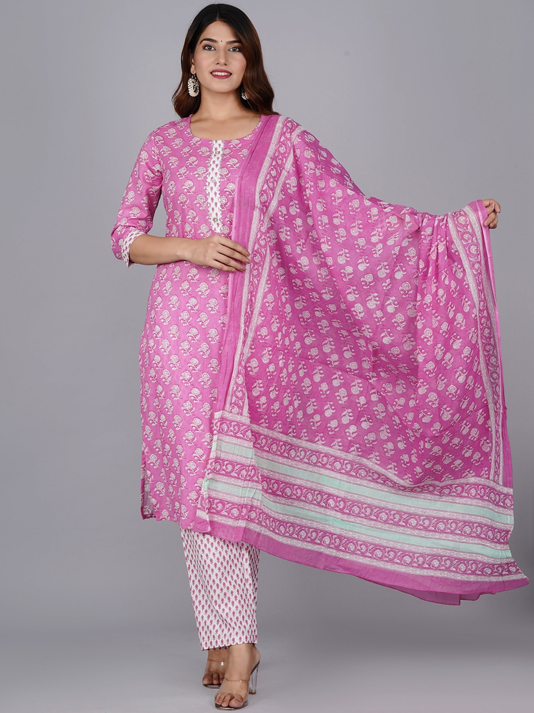 

KALINI Women Pink Ethnic Motifs Printed Pure Cotton Kurta with Trouser & Dupatta