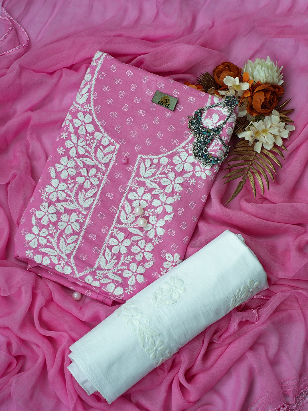 

ADA Pink & White Embroidered Unstitched Dress Material