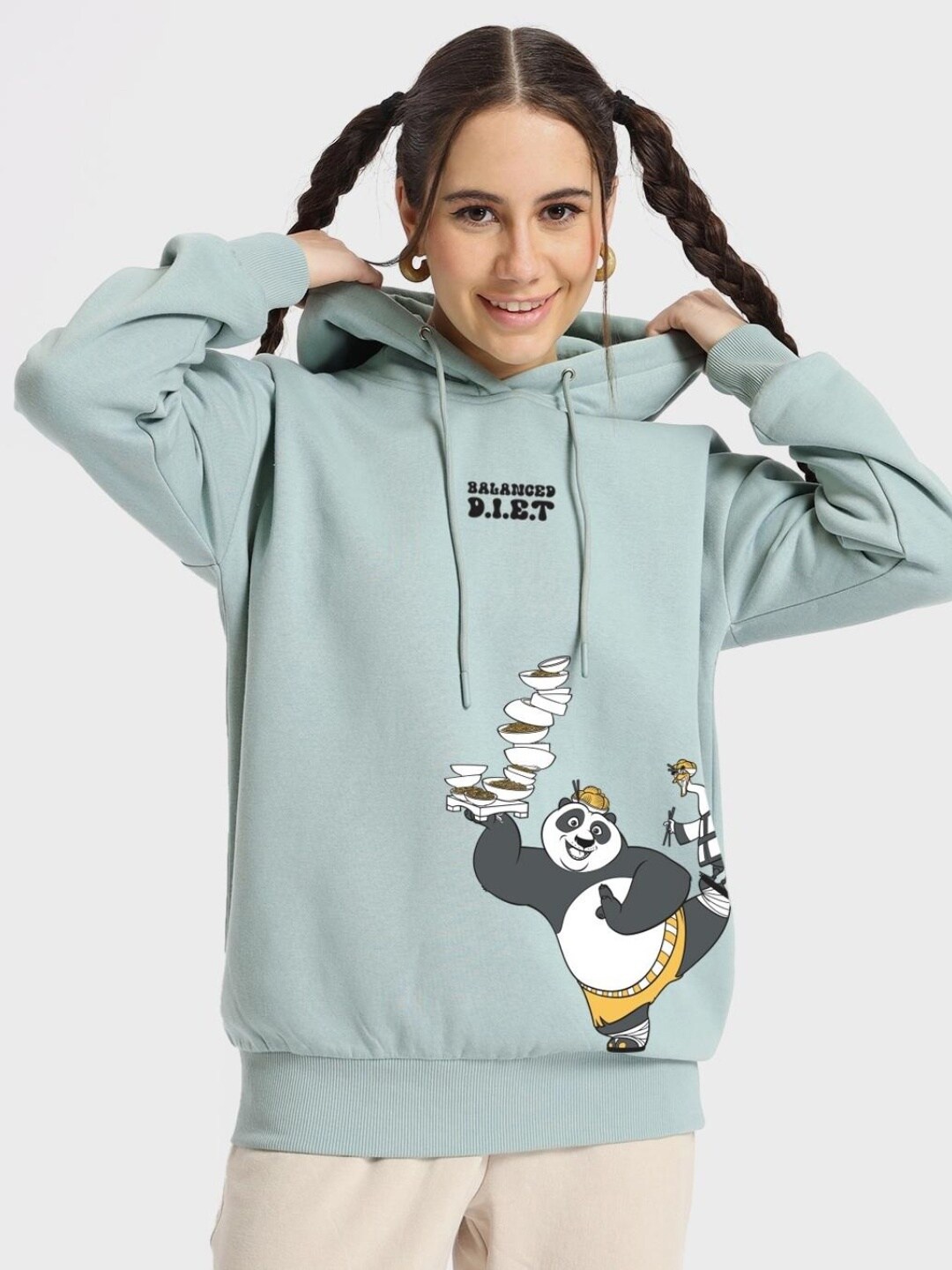 

Bewakoof Harbor Gray Balanced Diet Graphic Printed Oversized Sweatshirt, Blue