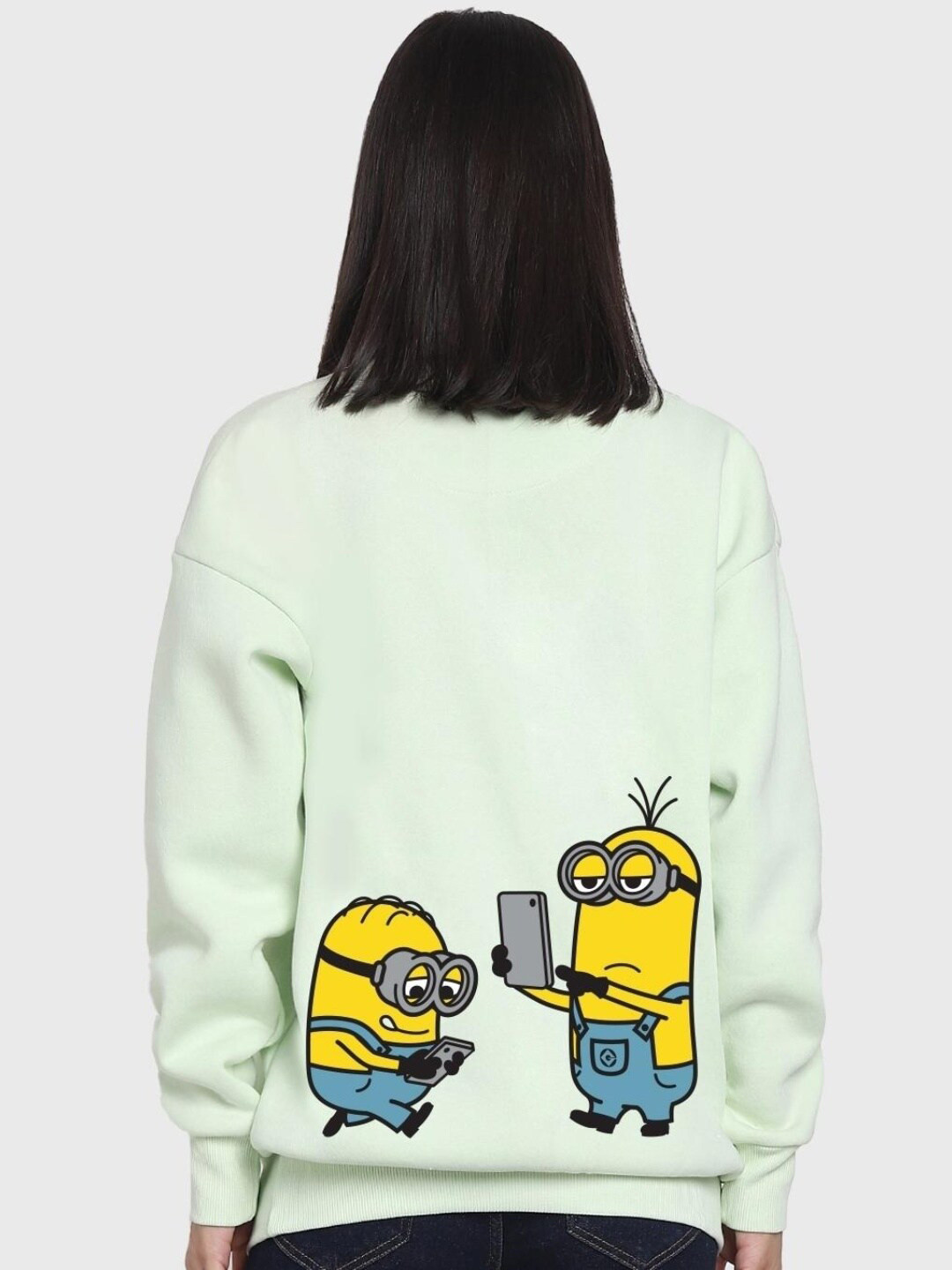 

Bewakoof Women Green Minions Graphic Printed Oversized Sweatshirt