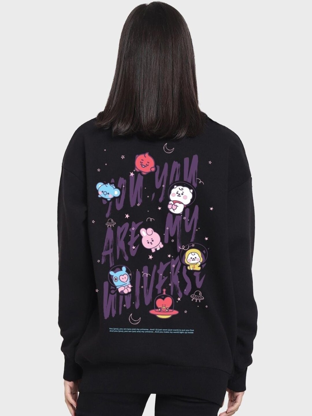 

Bewakoof Women BTS My Universe Graphic Printed Oversized Sweatshirt, Black