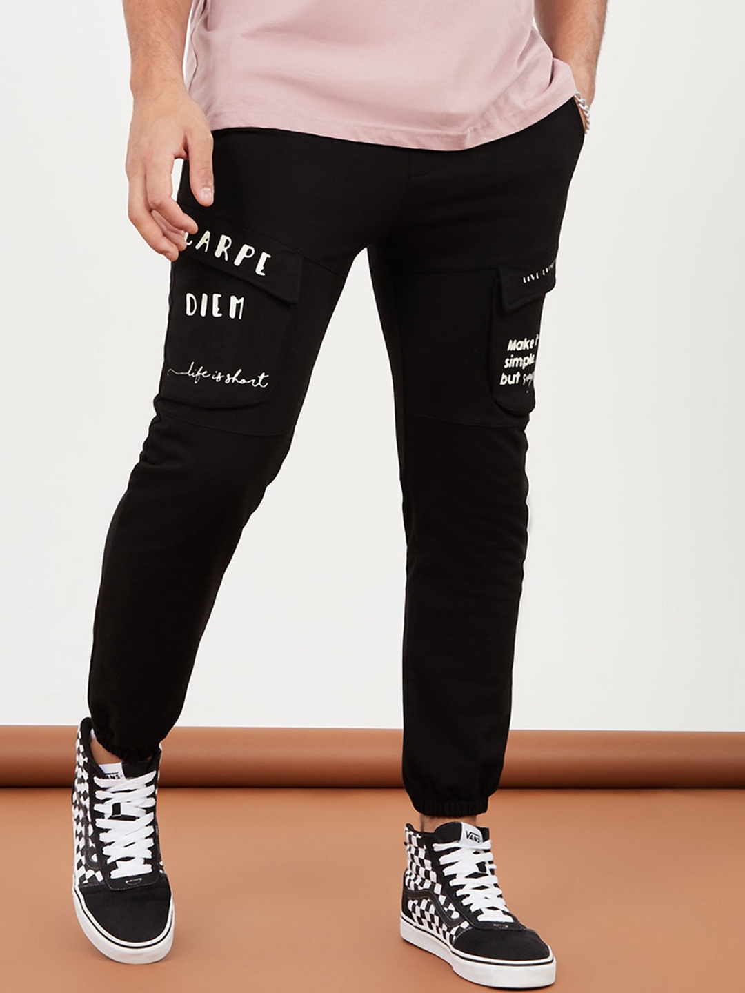 

Styli Men Black Pocket Printed Oversized Cargo Joggers