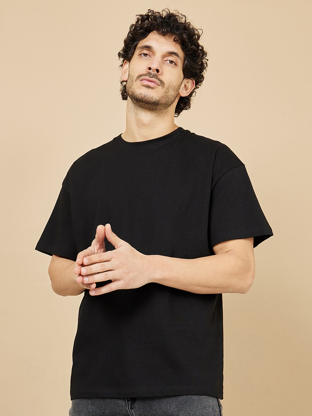 

Styli Solid Oversized Pure Cotton T-Shirt, Black