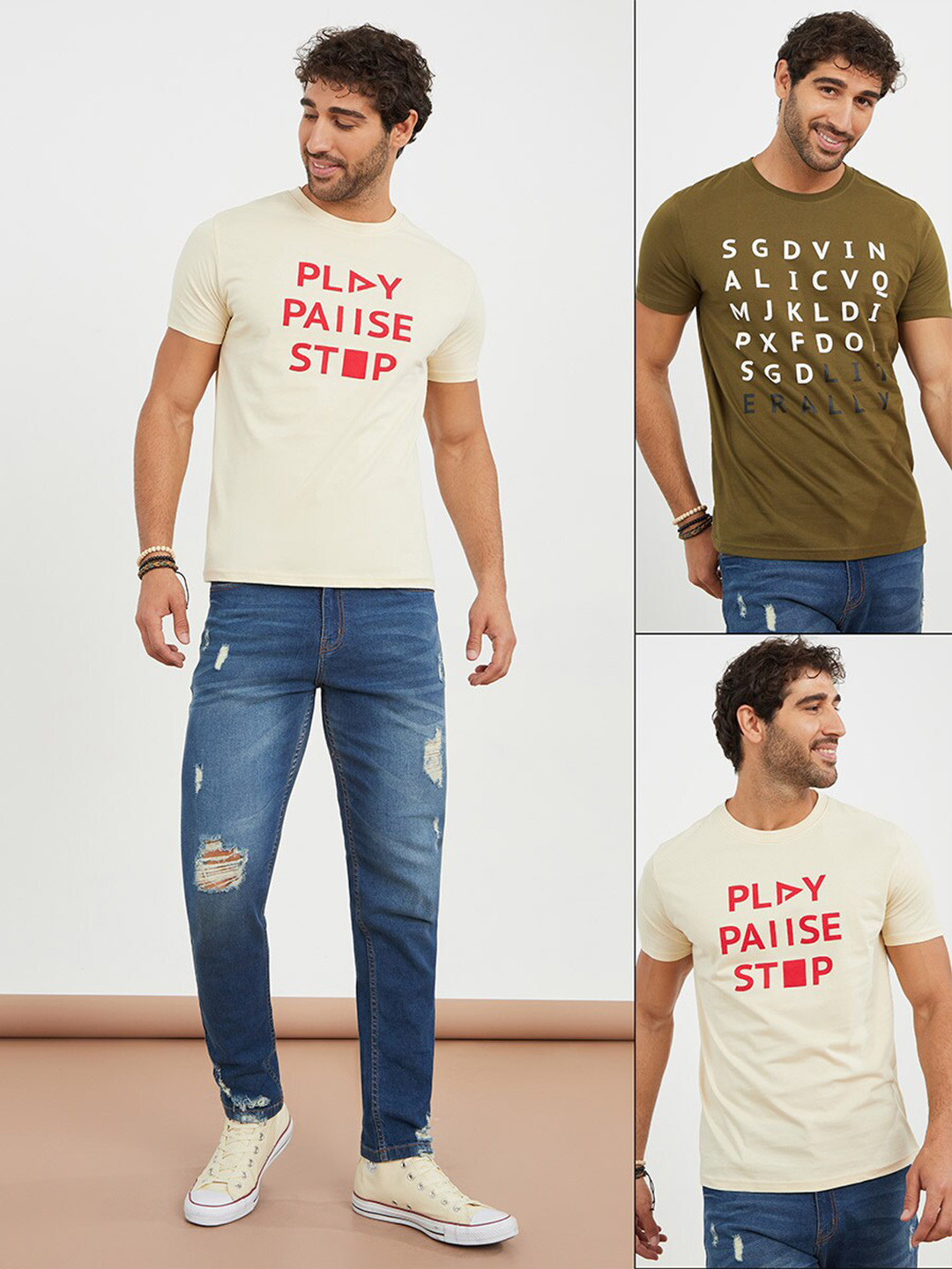 

Styli Pack Of 2 Slogan Printed Regular Fit Cotton T-shirt, Cream