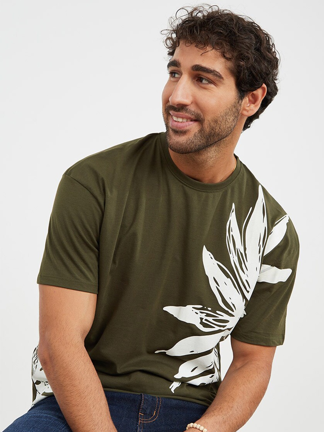 

Styli Floral Placement Printed Oversized T-Shirt, Olive