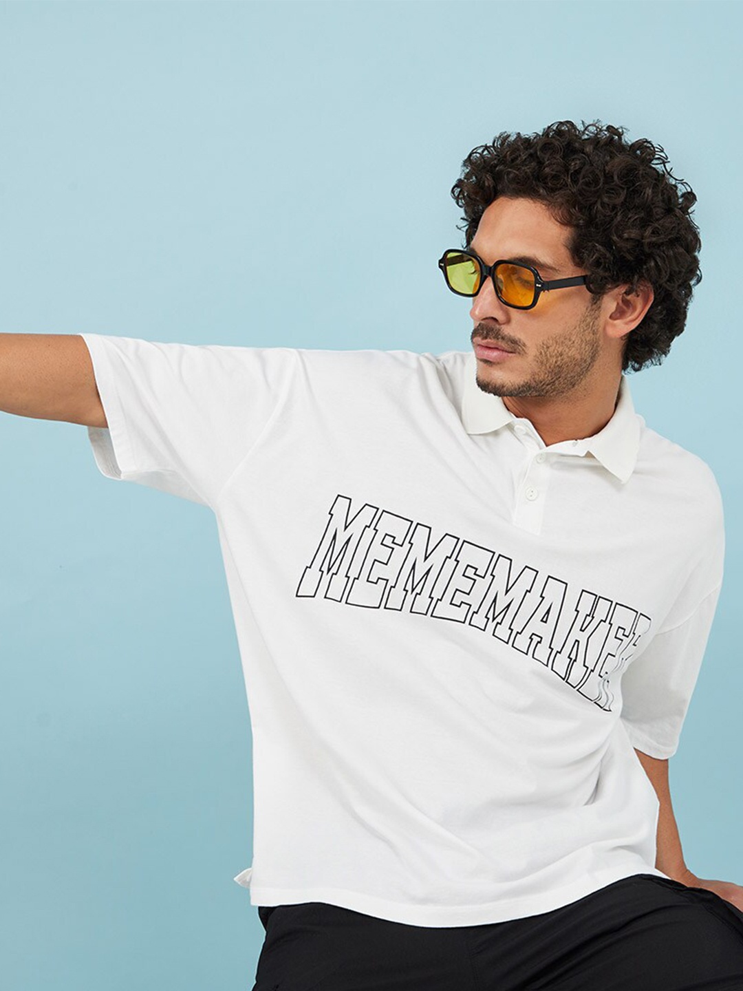 Styli Big Text Graphic Print Oversized Polo T-shirt, White
