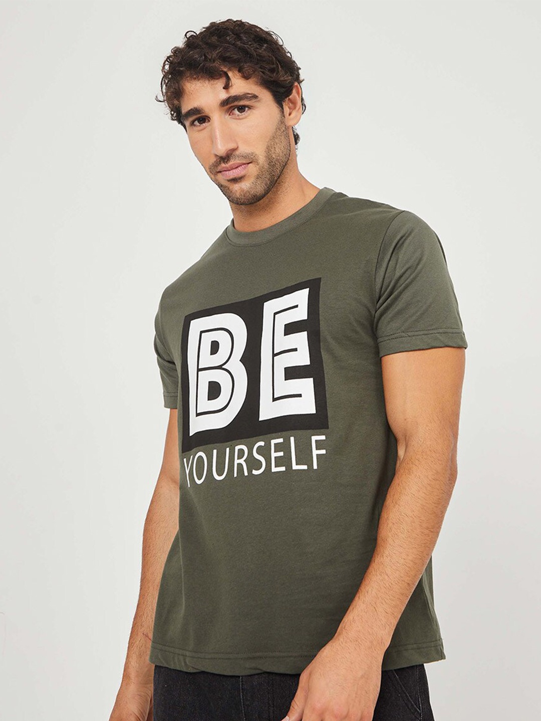 

Styli Men Olive Green Typography Printed Round Neck Cotton T-shirt