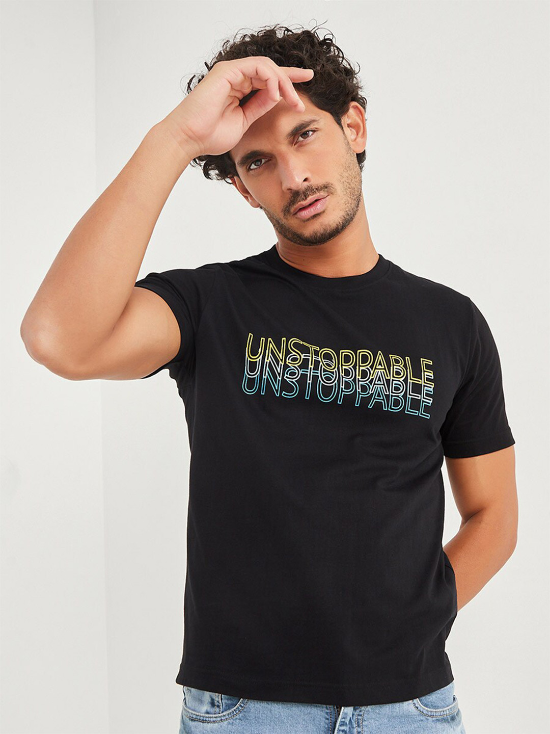 

Styli Men Black Typography Printed Round Neck Cotton T-shirt