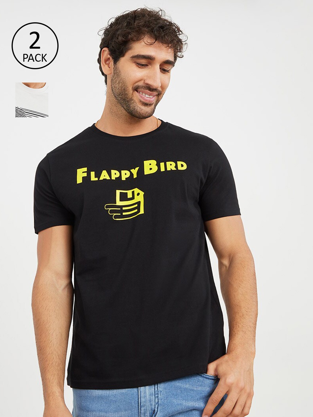 

Styli Pack of 2 Graphic Printed Regular Fit T-shirt, White