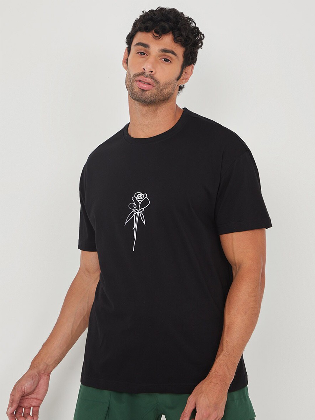 

Styli Floral Embroidered Detail Drop-Shoulder Oversized Fit Cotton T-shirt, Black