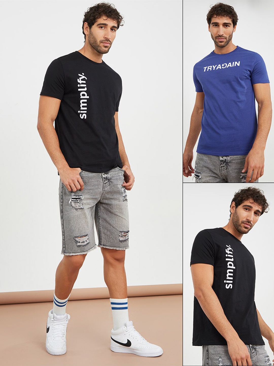 

Styli Pack Of 2 Typography Print Regular Fit T-shirt, Blue
