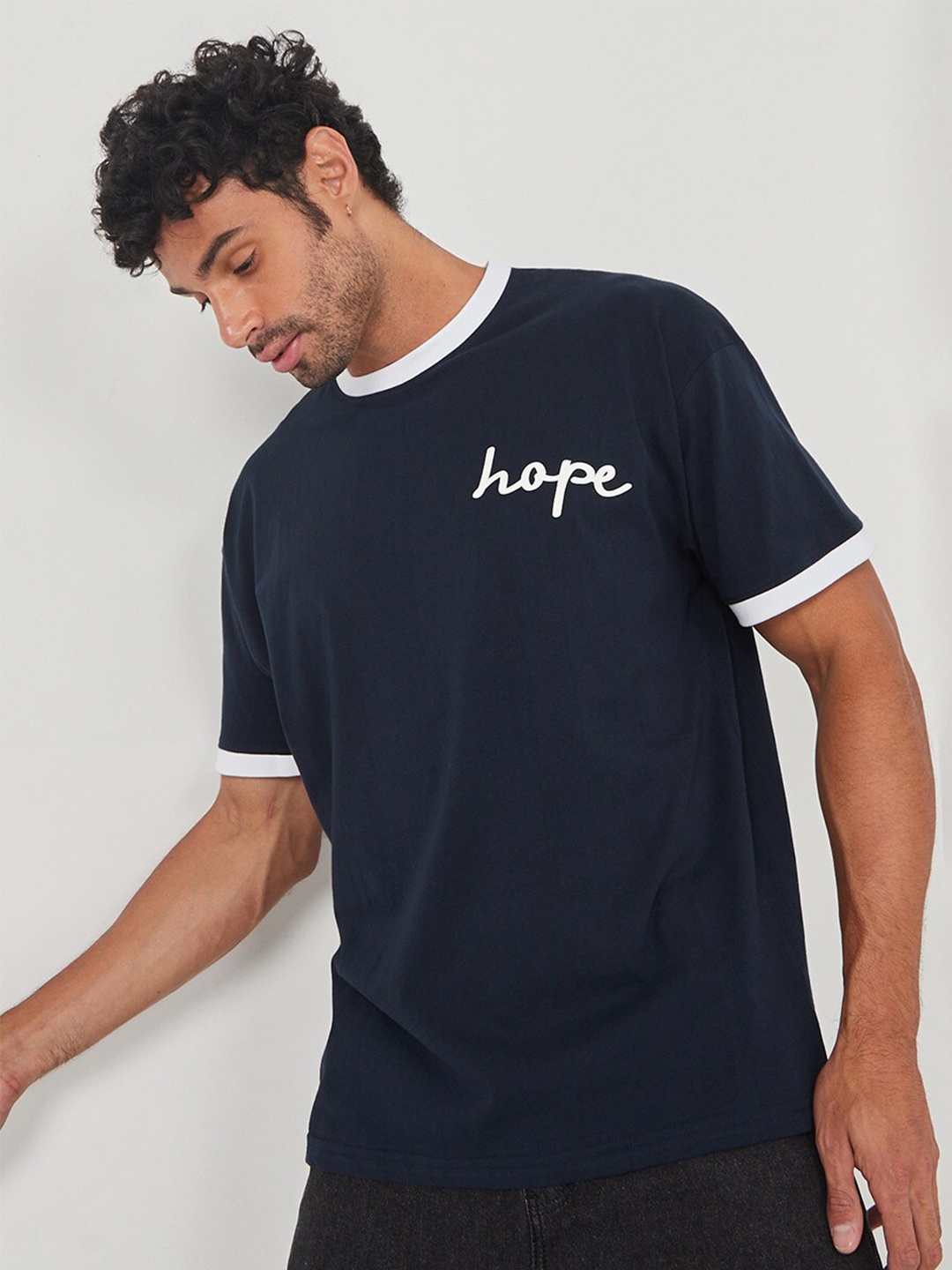 

Styli Hope Slogan Ringer Oversized T-shirt, Navy blue