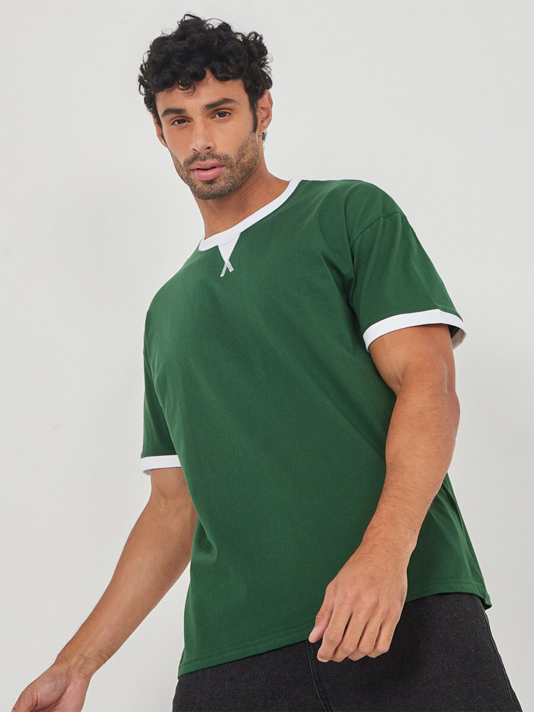 

Styli Oversized Ringer Cotton T-shirt With Contrast Rib Detail, Green