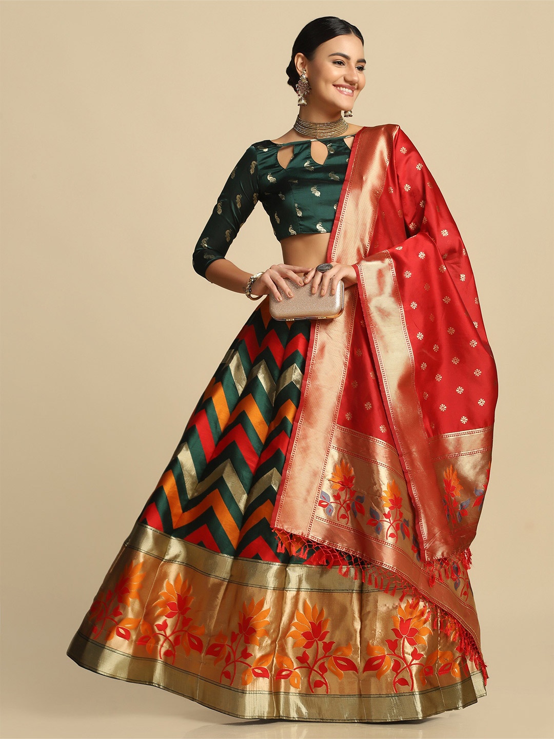 

Warthy Ent Women Green & Red Semi-Stitched Lehenga & Unstitched Blouse With Dupatta