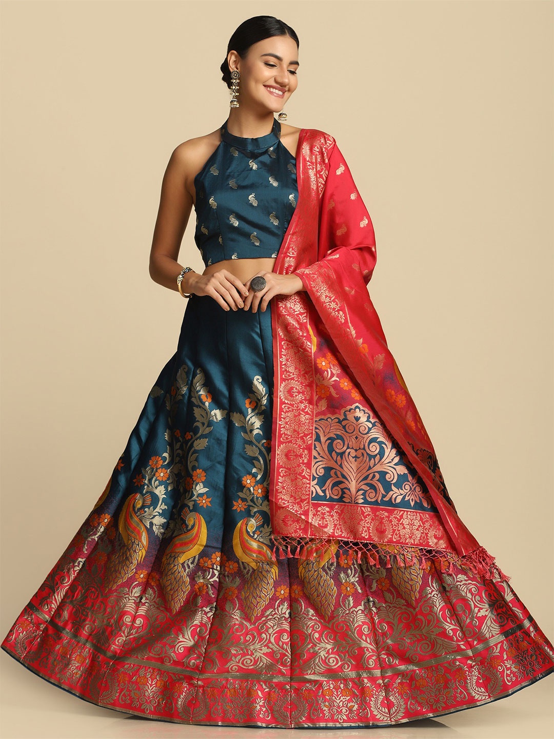 

Warthy Ent Turquoise Blue & Red Semi-Stitched Lehenga & Unstitched Blouse With Dupatta