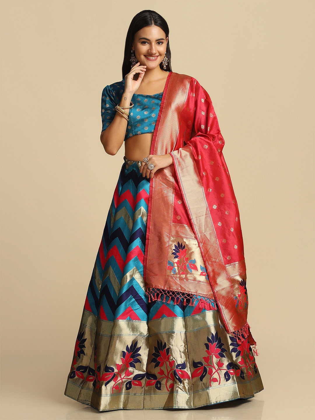 

Warthy Ent Women Turquoise Blue & Gold-Toned Semi-Stitched Lehenga & Blouse With Dupatta