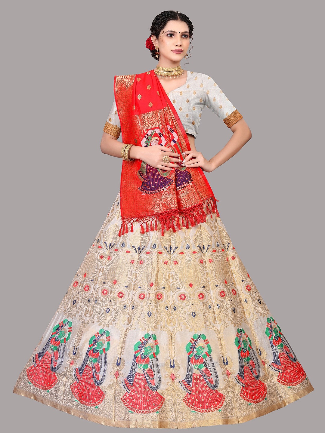 

Warthy Ent Women Cream-Coloured & Red Semi-Stitched Lehenga & Blouse With Dupatta